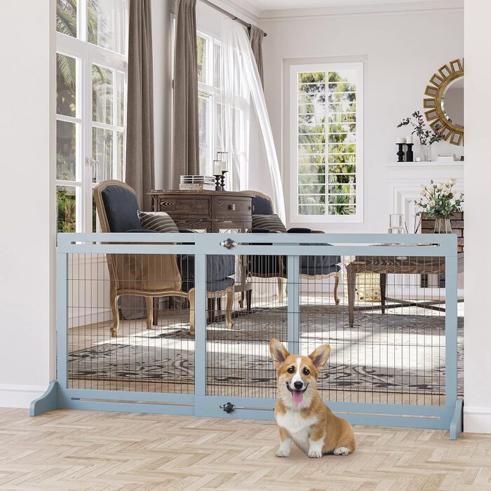 PawHut Wooden Pet Gate - Extendable Dog Barrier with Footrest, Freestanding Baby/Pet Gate, Stairway Gate, Fireplace/Oven Gate, Gray Blue, 104-183 x 36 x 69 cm