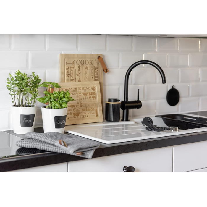 Дозатор для мила WENKO Rotello, 250 мл, з бамбуковими деталями, для мила та засобів для миття посуду, чорний/натуральний