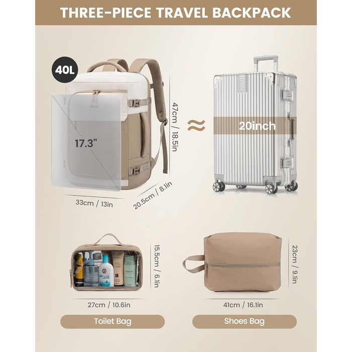 Жіночий рюкзак LOVEVOOK для подорожей, 50L, Carry On, для авіаперельотів, бізнес, школа, Weekender (17 дюймів, Хакі)