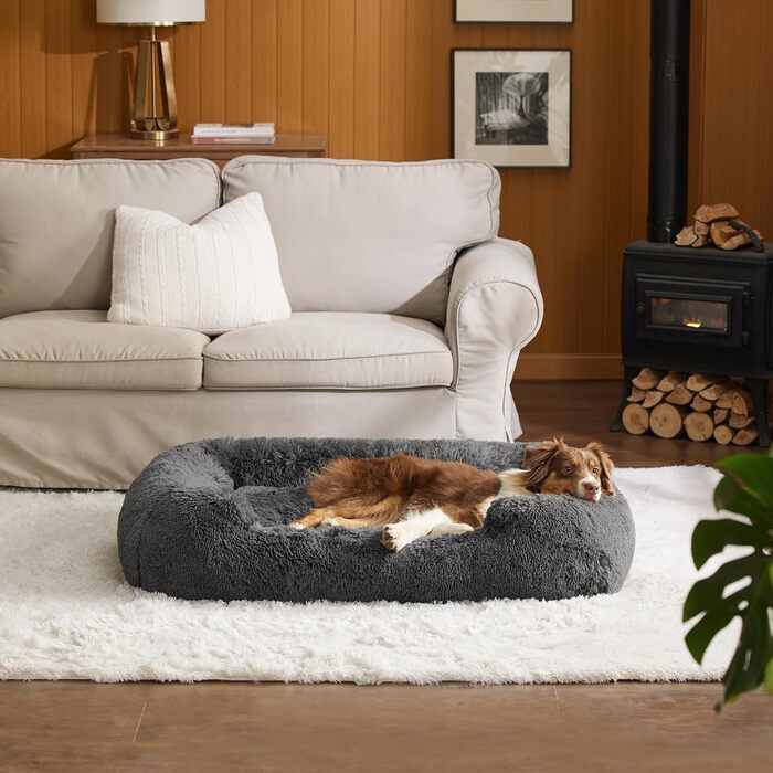 BEDSURE Fluffy Dog Bed for Medium Dogs - 76x61x18cm Washable Dog Bed for Medium Dogs, Square Cozy Bed with Soft Edge and Non-Slip Bottom, Gray (L 106 x W 76 x H 20 cm)