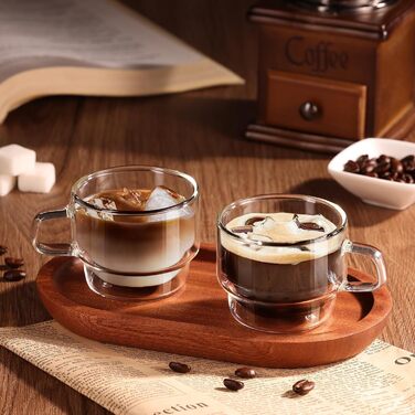 Glastal Stackable Glasses 120ml Espresso Glasses Double-Walled Espresso Cups Glass 4-Piece Set, Double-Walled Coffee Glasses Tea Glasses Espresso Cups Set for Tea, Milk, Gift for Women Men