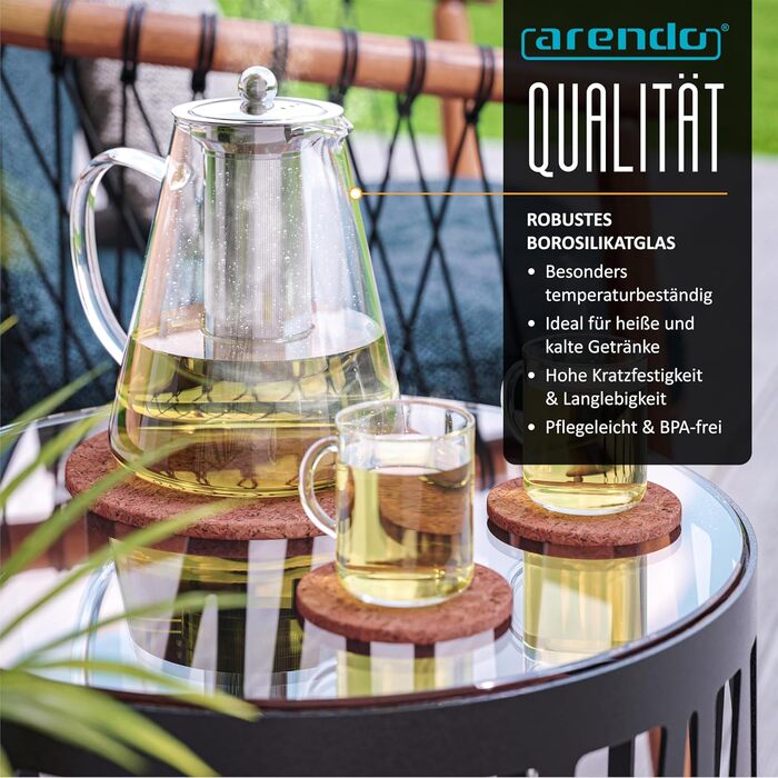Чайник скляний Arendo з ситом 1200 мл – з боросилікатного скла, нержавіюча сталь, сито дрібного плетіння, термостійкий, для листового чаю, трав'яного чаю, фруктового чаю, чайник-заварник, довговічний