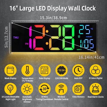 HAITANG Wall Clock Digital - 8 Colors Digital Wall Clock 16.2