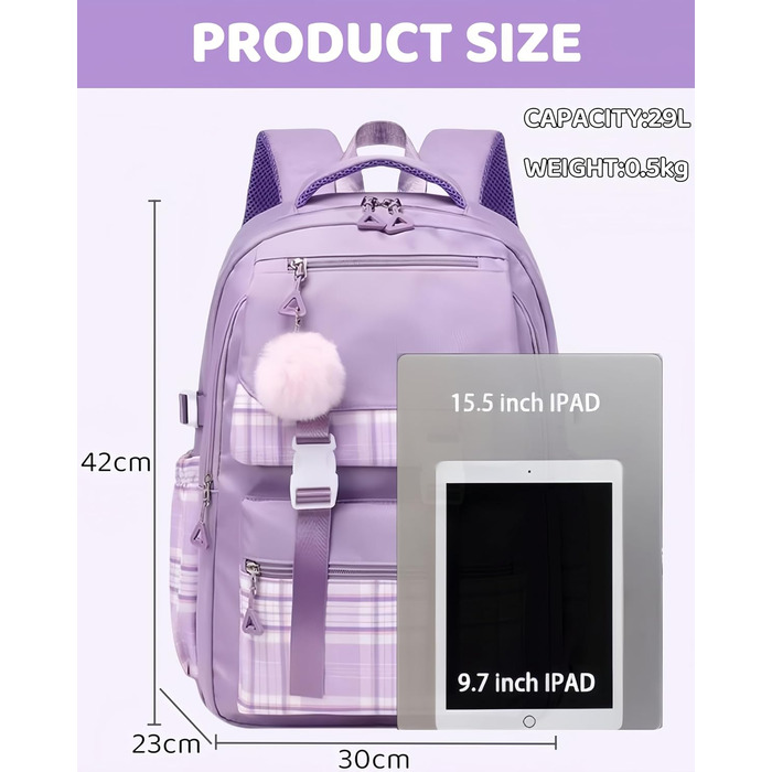 Стильний рюкзак для підліток та жінок: легкий, для ноутбука, на кожен день, у подорожі, для коледжу та роботи (фіолетовий)
