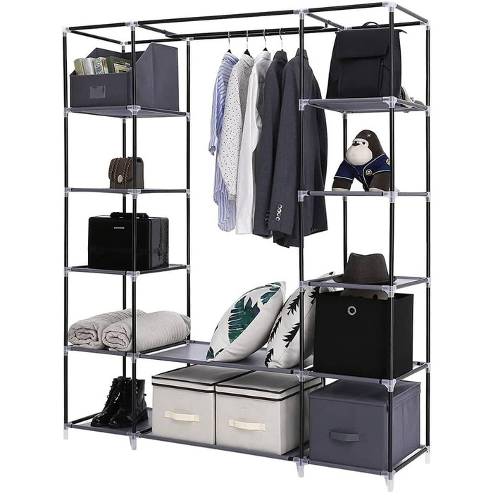 SONGMICS Wardrobe, Clothes Rack, Folding Closet Organizer with Clothes Rod, Clothes Stand, Storage, Pockets, Shoes, Bedroom, Dressing Room, 45 x 150 x 175 cm, RYG12B (Grey)