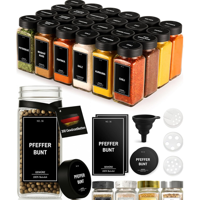 Spice Jar Set [24 x 120ml] with 300 Spice Labels [DE] - Spice Storage with Shaker Insert - Glass Spice Jars - Glass Spice Containers - Spice Organizer - Spice Jars Obsidian