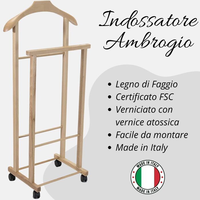 Tomaino - Valet's Bedroom in Wood - Clothes Rack with Wheels Ambrogio - Modern Valet for Clothing and Accessories (Natural)
