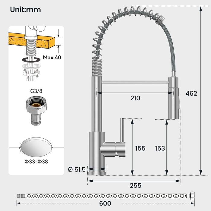 Кран кухонний CECIPA з висувною лійкою, високотискний, з двома режимами розпилення, поворотний на 360°, з нержавіючої сталі, матовий
