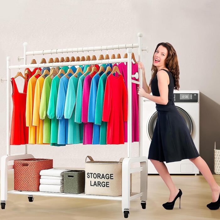 Стійка для одягу на колесах, двоярусна, з двома перекладинами (біла)