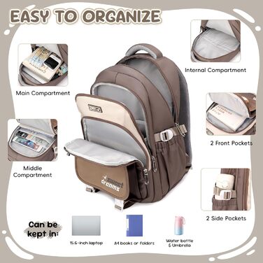 Шкільний рюкзак для дівчаток (3-7 клас), 36L з сумкою через плече, стильний рюкзак-рюкзак для підлітків (колір: коричневий)