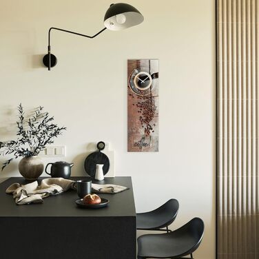 Настінний годинник із скла First Coffee, безшумний, 20x60 см, металева стрілка, для кухні, прямокутний, виготовлено в ЄС, для кавоманів