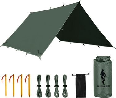 FREE SOLDIER 3x3.2m Waterproof Tarp - Ultralight Camping Shelter, UV Protection, Military Green