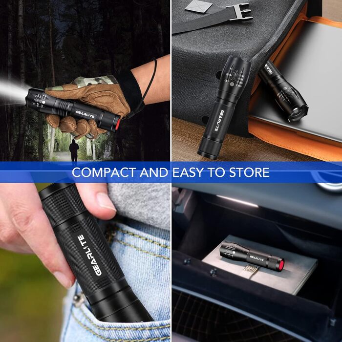 LED ліхтарик Gearlite 2 шт., 2000 люмен, 5 режимів, IP65, водонепроникний, для кемпінгу, туризму, дітей, чорний