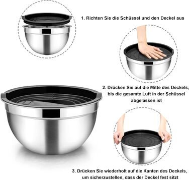 Homikit Mixing Bowl Set, Stainless Steel Bowl 7-Piece Set, Salad Bowl with Airtight Lid for Cooking/Baking/Serving, Nesting & Dishwasher Safe, 6.5/4.5/2.7/2.5/1.5/1.2/0.7L, Black