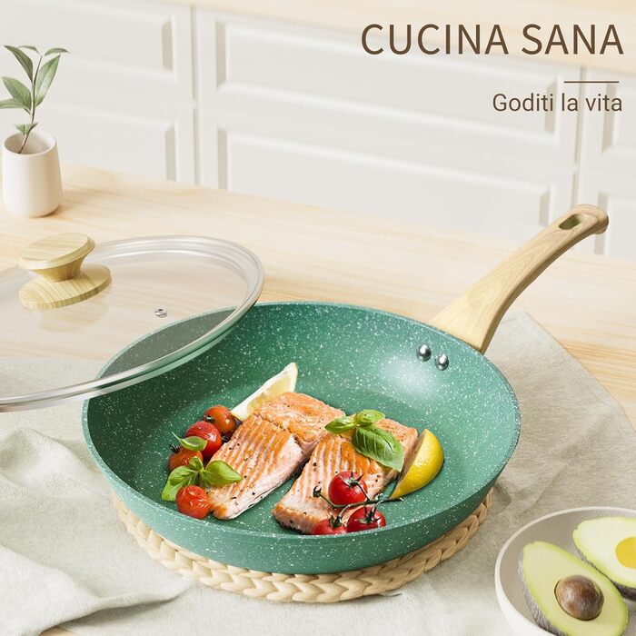 Набір сковорідок Innerwell з кришкою 3 шт. (20 см, 24 см, 28 см), індукційні сковороди з керамічним антипригарним покриттям, для професійного використання, сумісні з духовкою, без PFOA, придатні для миття в посудомийній машині, м'ятно-зелені