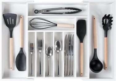 Органайзер для столових приборів і кухонного приладдя KitchenEdge, розширюваний, білий бамбук, харчовий пластик, для кухонних шухляд, 37,8-63,5 см