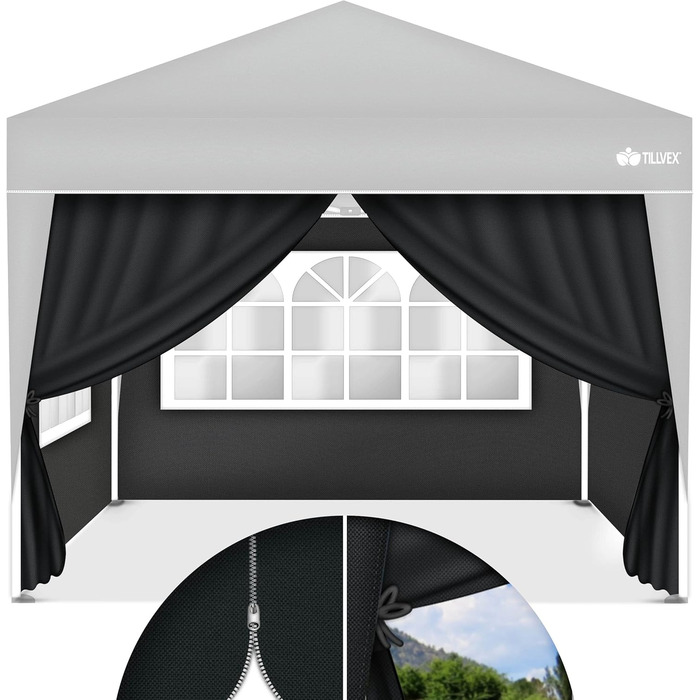 tillvex® for 3x3m Pavilion | Folding Pavilion Side Walls Water-Repellent | Side Windows & Zipper | Side Walls for Garden Tent Party Tent (4x Side Wall, Black)