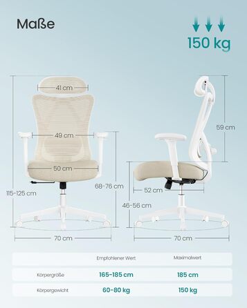 Офісний стілець SONGMICS з регульованою поперековою підтримкою та підголівником, сітчаста спинка, максимальне навантаження 150 кг, регульована висота, колір пісочний (OBN063B01)