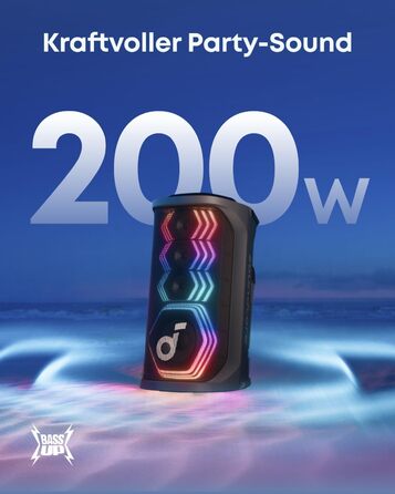 Soundcore PartyBox Rave 3S – портативна колонка з мікрофонами, 200 Вт, Bluetooth, світлодіодна підсвітка, AuraCast, 12 годин роботи, для дому та вулиці