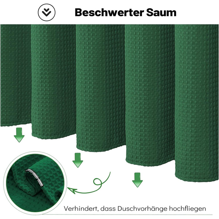 Шторка для душу BTTN, вафельна тканина, 180x200 см, антигрибкова, важка, водонепроникна, з 12 гачками, зелена
