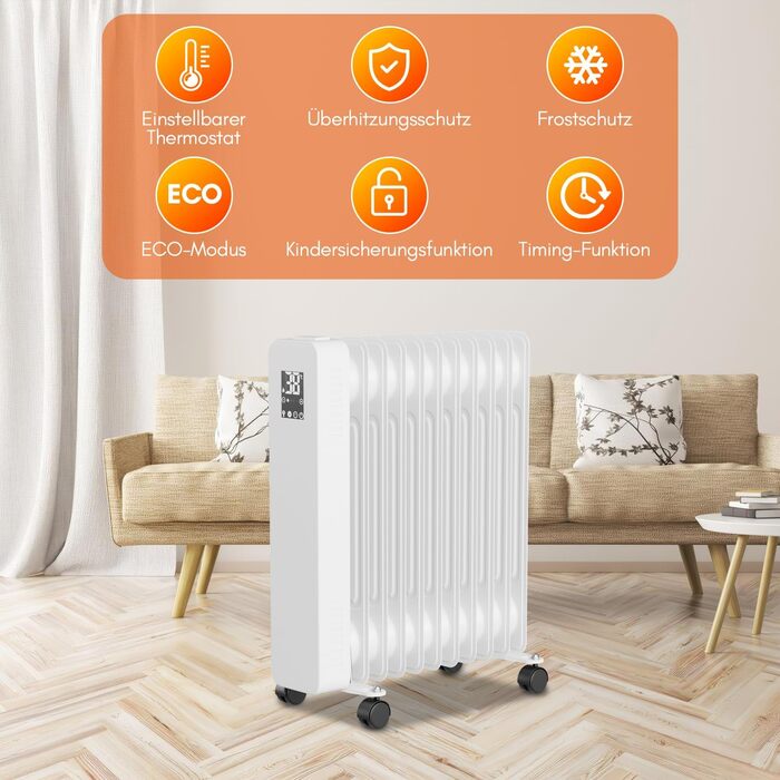 Масляний радіатор Sonnewelt 2500W з WiFi, 11 ребер, термостат, 3 режими, цифровий дисплей, захист від перегріву, чорний