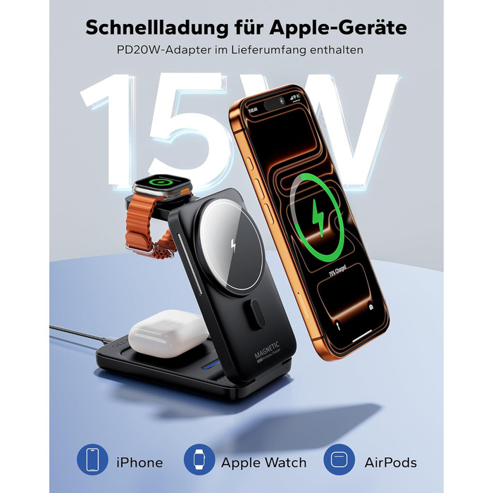 Magsafe зарядна станція 3-в-1 для Apple Watch та iPhone (чорна) – швидка зарядка, адаптер 20W
