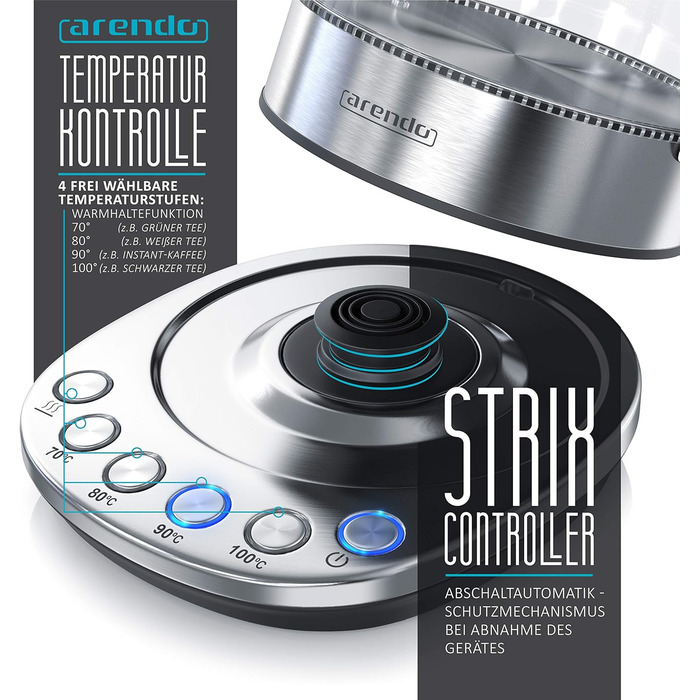 Електричний чайник Arendo з регулюванням температури, підтриманням тепла 30 хв, об'єм 1,5 л, скло Borosilikat, база з нержавіючої сталі, сучасний дизайн