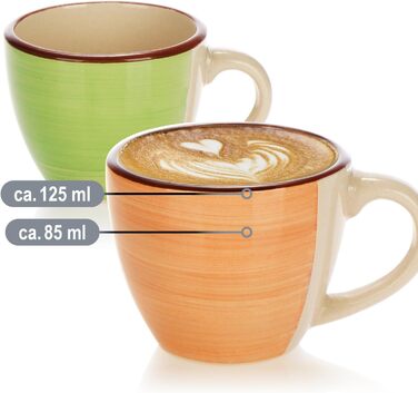 Набір з 6 керамічних чашок для еспресо Com-Four® об'ємом 125 мл - кольорові мокко-чашки ручної роботи для еспресо, мокко та рістретто (зелений/оранжевий/рожевий/синій/жовтий/сірий)