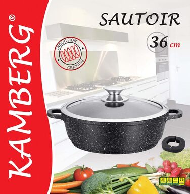 Каструля Kamberg Kochtopf 24 см з алюмінію з покриттям під камінь, зі скляною кришкою, для всіх типів плит (в т.ч. індукційних), без PFOA (36 x 36 x 7,5 см)
