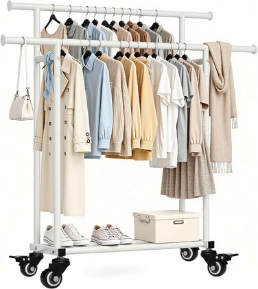 Підвісна шафа-органайзер Treeboy на колесах, мобільний вішак для одягу з 2 перекладинами та полицею, вантажопідйомність до 95 кг, легко ковзаючі колеса, швидкий монтаж для спальні, вітальні, пральні, гардеробної (Білий, 41x113x162 см)
