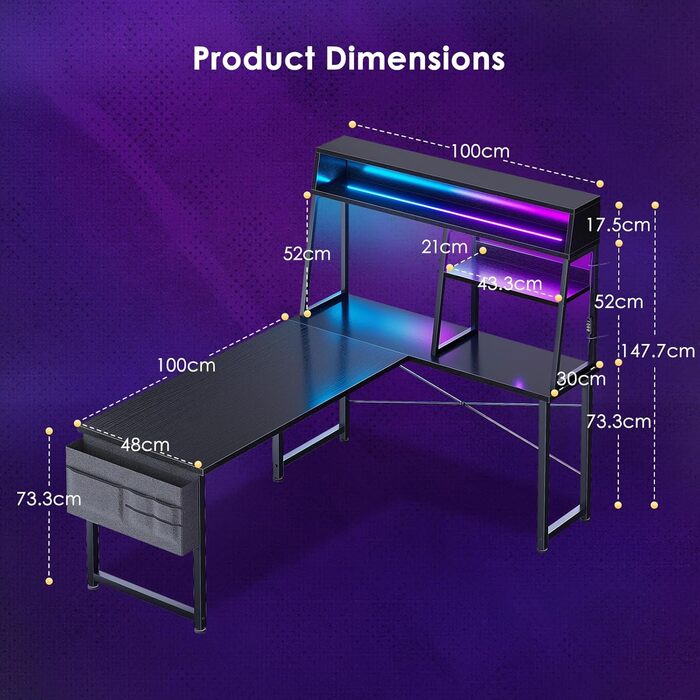 Ігровий стіл Coleshome L-подібної форми з LED підсвічуванням, 10 кольорів, 130x100 см, з полицями та кишенями для зберігання, для дому та геймерів, чорний
