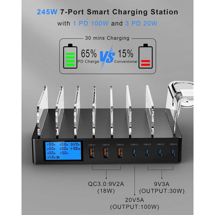 Зарядна станція 245W для декількох пристроїв, 7 портів USB, LCD-дисплей, кабель 7 шт. + тримач для iWatch, для iPhone, планшетів та іншої електроніки - чорна