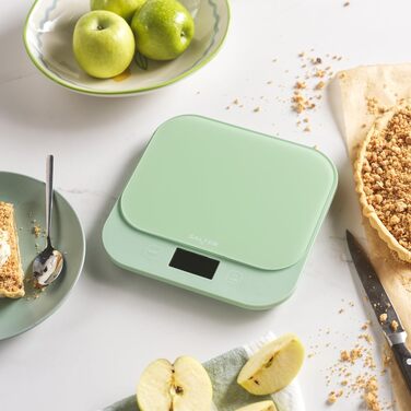 Цифрові кухонні ваги Salter British Bakes до 10 кг, точність 1 г, водонепроникні, платформа з загартованого скла, функція тари та вимірювання рідин (Зелений)