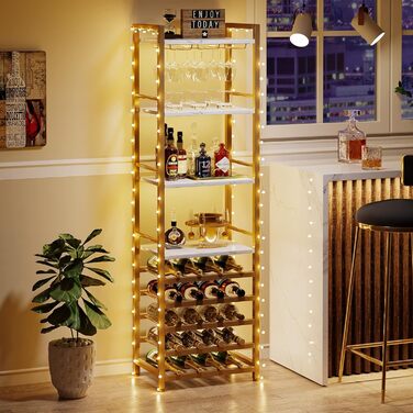Tribesigns 20 Bottle Wine Baker's Rack, Freestanding Floor Wine Rack, 9 Tiers, Industrial Freestanding Wine Rack Wine Bar with Glass Holder Bottle Rack for Bar, Kitchen, Dining Room, (Gold, 2 PC)