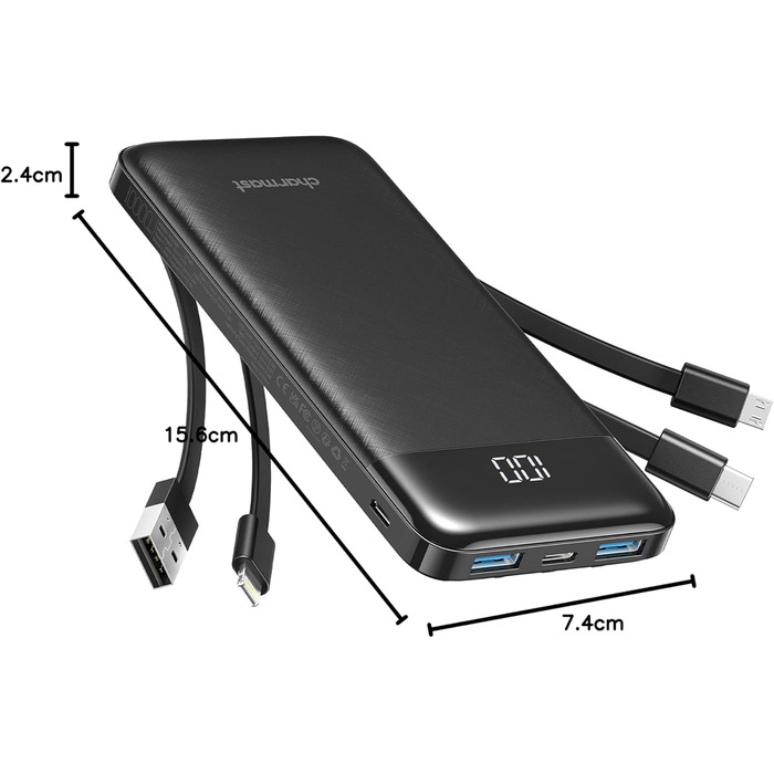 Power Bank Charmast 10000mAh з 6 виходами, USB-C, LED-дисплеєм, 4 кабелями, чорний