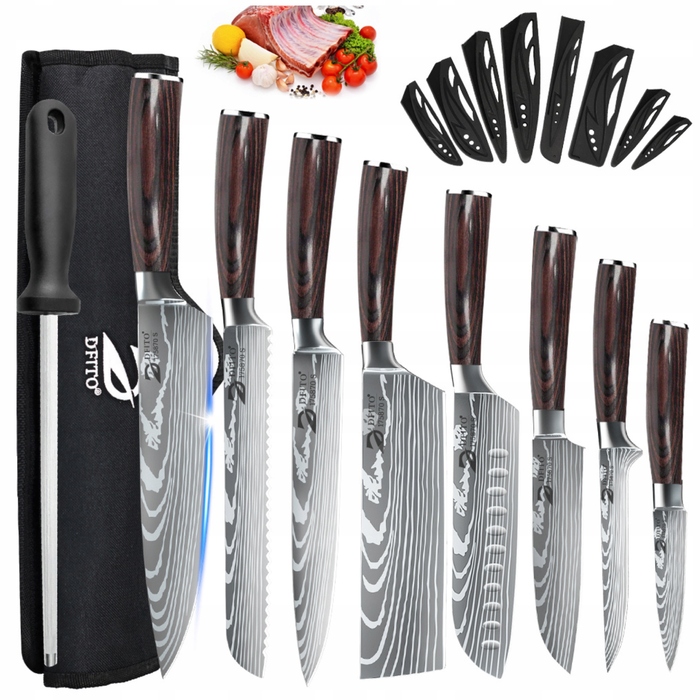 Набір японських кухонних ножів 9в1 із нержавіючої сталі: 7 ножів, футляр та точило