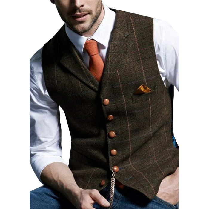 Чоловічий жилет для костюма Slim Fit в клітку з вовни Твід, для весілля, ділових зустрічей, смокінгу, кавового кольору