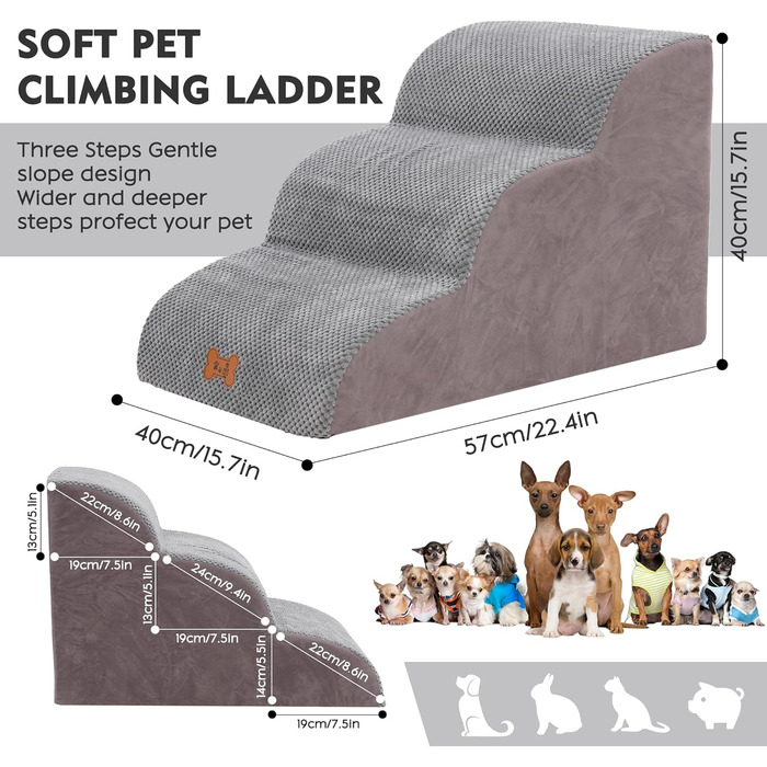 Сходинки для собак маленьких порід, 3 сходинки, 40 см, знімна та миюча, з м'якого пінополіуретану, антиковзкі, для котів та собак, для ліжка/дивану/автомобіля