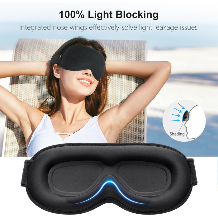 Маска для сну Gritin 3D для тих, хто спить на боці, дихаюча, з регульованою гумкою, блокує світло, зручна та ергономічна, для чоловіків та жінок, 2 пари вушних затичок, чорний