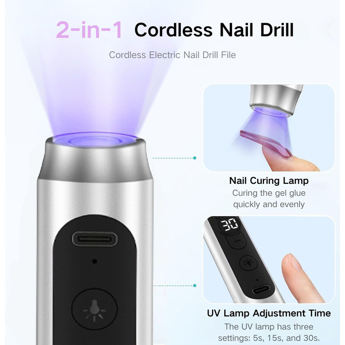 Портативний фрезер для нігтів бездротовий 12 в 1 Професійний електричний набір для манікюру та педикюру USB, перезаряжається, 9 швидкостей, 20000 об/хв, срібний