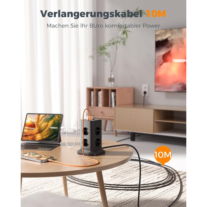 Багаторозетка TESSAN з захистом від перенапруги 3600W 16A, 8 розеток, USB-C, подовжувач 2м, сіра. Розподільник розеток для дому
