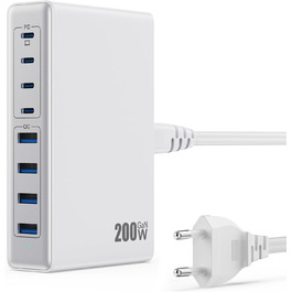 Мережевий адаптер USB-C 200W 8-в-1 GaN III з підтримкою QC4.0, PPS, PD 65W для MacBook Pro/Air, iPad, iPhone, Samsung, Steam Deck