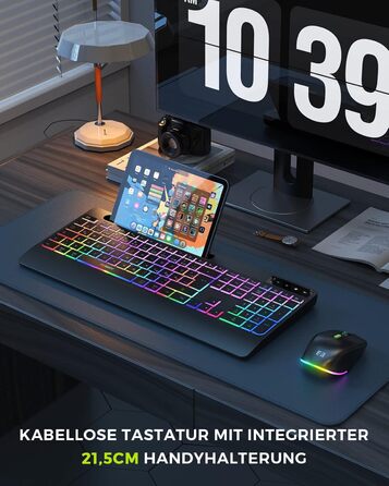 Бездротовий комплект клавіатури та миші Seenda JPX006 з підсвічуванням, USB/Type-C, QWERTZ, з підставкою для телефону та підкладкою для зап'ястя, для PC/Windows/Mac, тихий клік, чорний