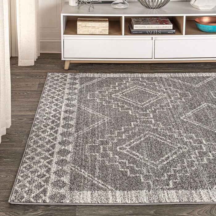 JONATHAN Y MOH200C-8 Amir Moroccan Beni Souk Rug Bohemian Farmhouse Rustic Geometric, easy care, bedroom, kitchen, living room, unclipped, 240 cm x 300 cm, gray, cream
