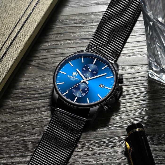 Чоловічий годинник, спортивний, кварцовий, аналоговий, чорний mesh-браслет, нержавіюча сталь, водонепроникний, хронограф, автоматична дата (чорний-чорний-синій)