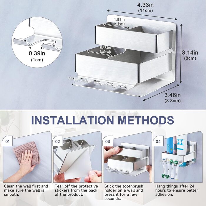 Electric toothbrush head holder, stainless steel, toothbrush holder, wall-mounted, screwless, toothbrush head holder, self-adhesive toothpaste holder for bathroom