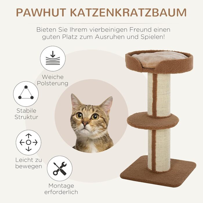 PawHut Cat Tree Small 91 cm Cat Tree with Cat Bed, Scratching Post Play Tree Scratching Post with Platform for Cats up to 5 kg Sisal Lambswool (Light Brown)
