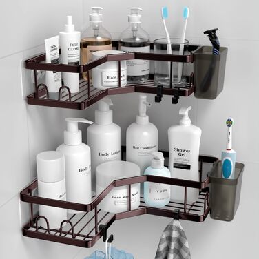 FINIBO Shower Shelf No Drilling, 2 Pack Adhesive Corner Shelf Bathroom Organizer, Shower Shelf Stainless Steel with 4 Hooks and 2 Toothpaste Holders, Black Shower Shelf Shower Basket for Bathroom Kitchen