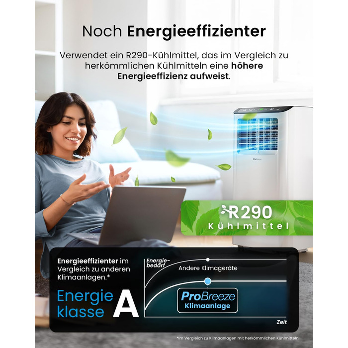 Мобільний кондиціонер Pro Breeze™ 9000 BTU 4-в-1: охолоджувач, вентилятор, осушувач, нічний режим, клас енергоефективності A, комплект для ущільнення вікна, пульт ДК та таймер 24 години, білий