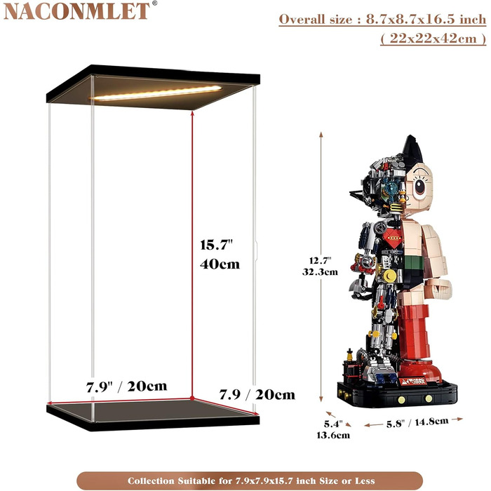 Акрилова вітрина з LED-підсвіткою Naconmlet для колекційних фігурок, прозора коробка-вітрина з дверцятами, чорна основа, 20x20x40 см